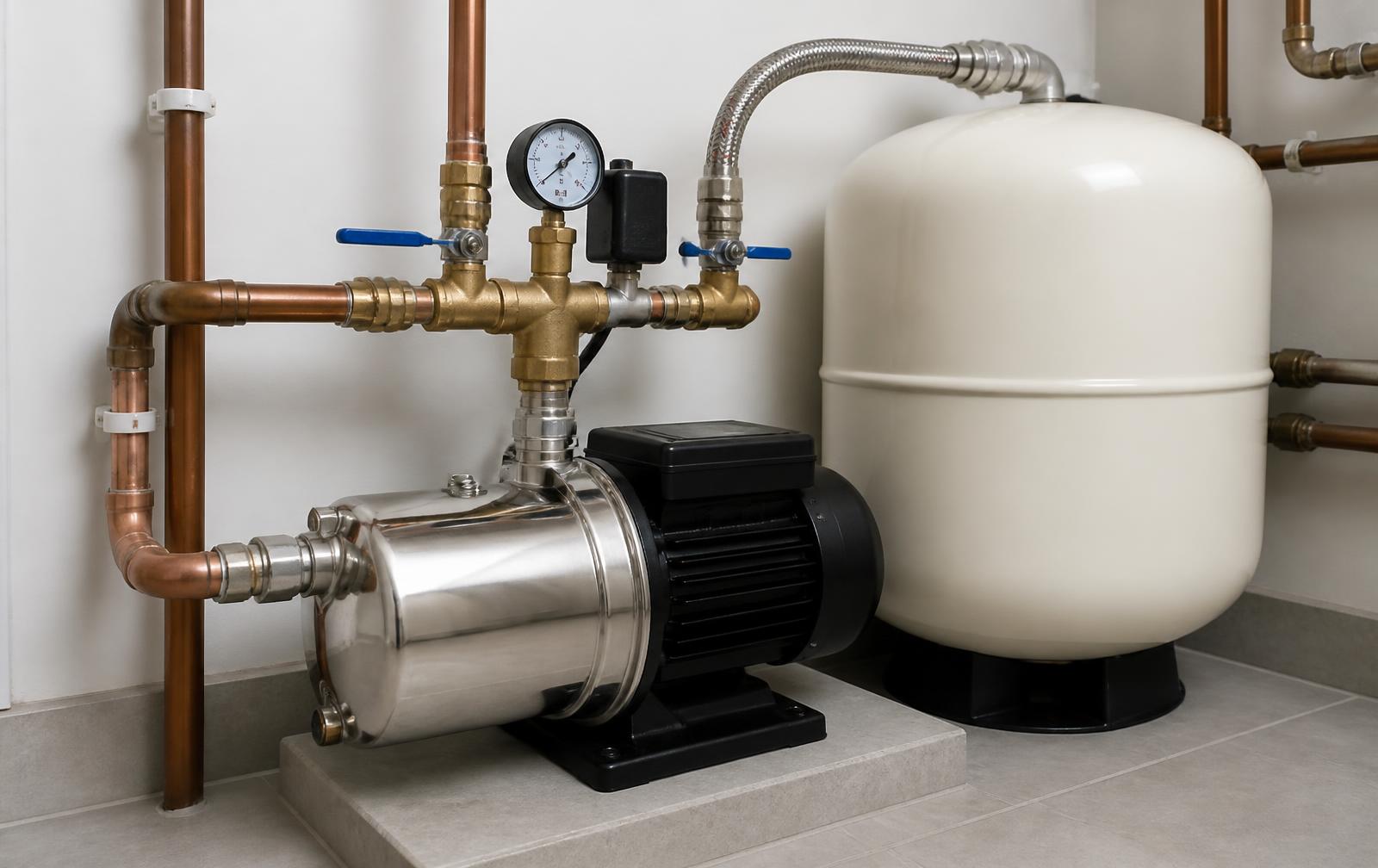 Mains water booster pump and accumulator vessel with copper pipework and pressure gauge in a UK utility room